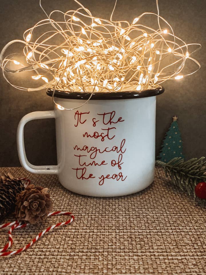 Festive White Enamel Mug It’s the most magical time of the year for wholesale by Dottie Wombat