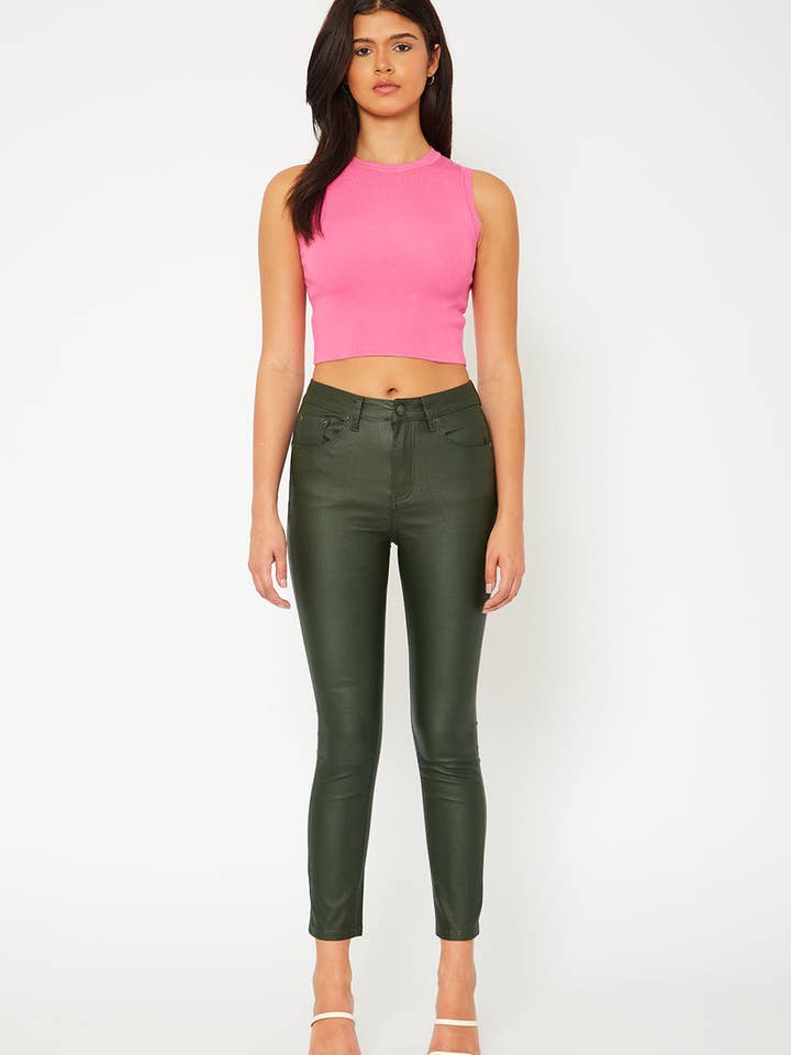 High-rise olive PU leather skinny pants for wholesale by MONKEY RIDE JEANS