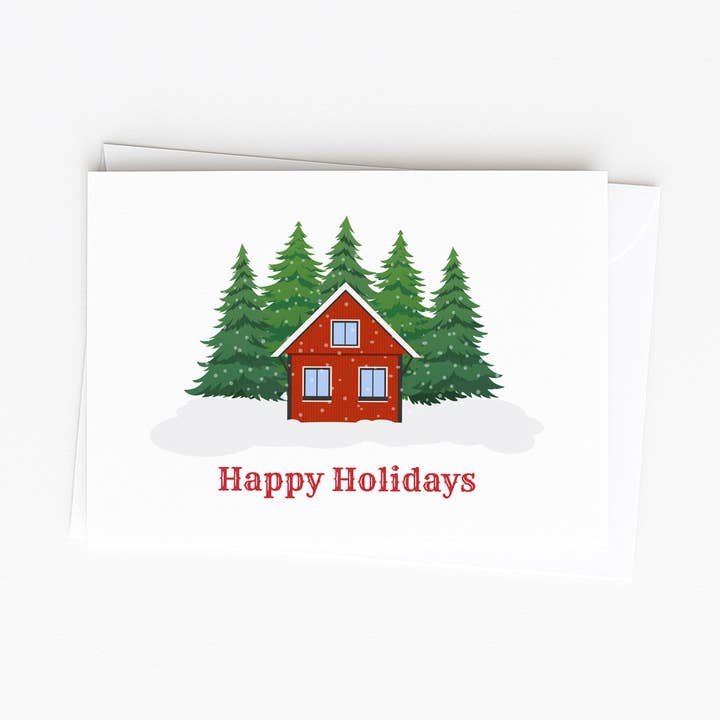 Happy Holidays Scandinavian Cabin Card for wholesale by Scandinavian Design Studio