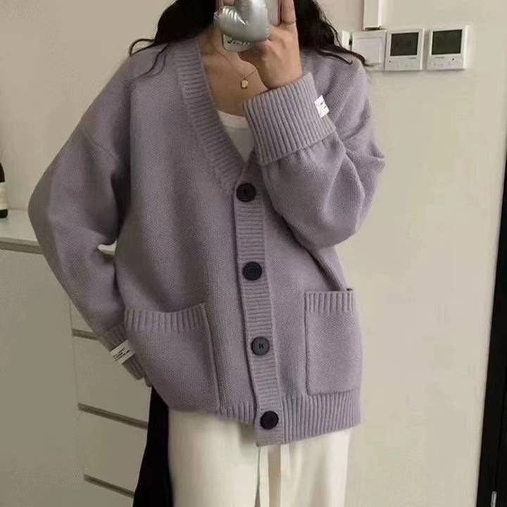 UZ Wholesale Store - Wholesale Cardigan - Women's - Vintage Loose Fit Rolled Sleeve Patch Pocket Cardigan Sweater