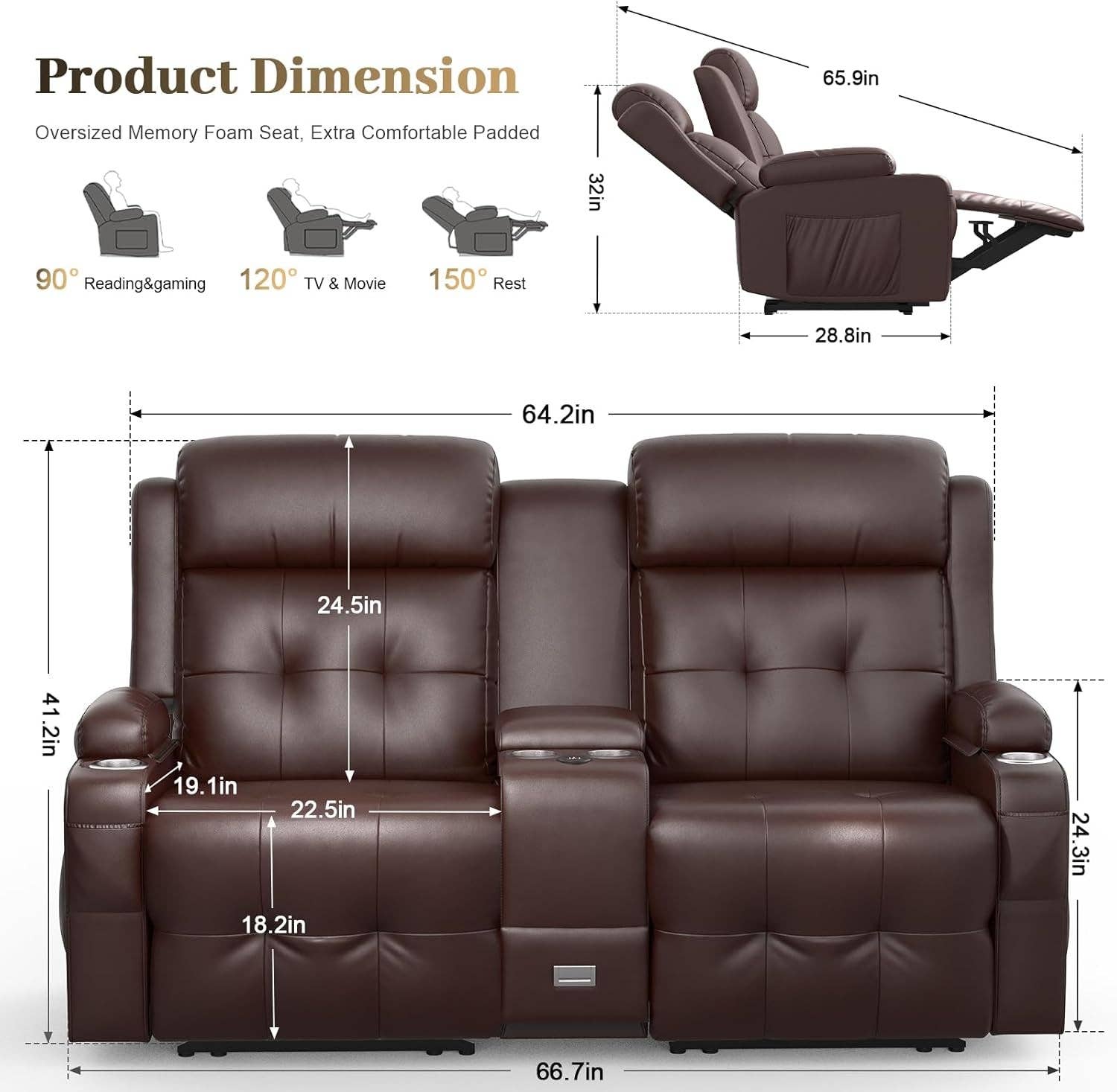 Brown Reclining Massage Loveseat With USB Ports And Wall Hugger for wholesale on Faire6