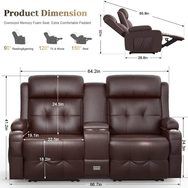 Brown Reclining Massage Loveseat With USB Ports And Wall Hugger for wholesale on Faire6