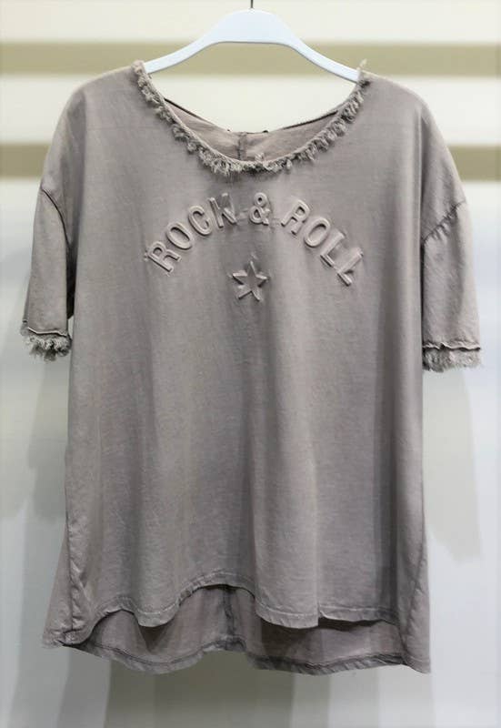 VENTI6 - Wholesale T-Shirt - Women's - EMBOSSED FRINGE NECKLINE SHORT SLEEVE TOP (Z760B-ROCK&ROLL)1