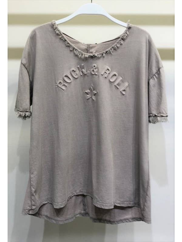 VENTI6 - Wholesale T-Shirt - Women's - EMBOSSED FRINGE NECKLINE SHORT SLEEVE TOP (Z760B-ROCK&ROLL)1