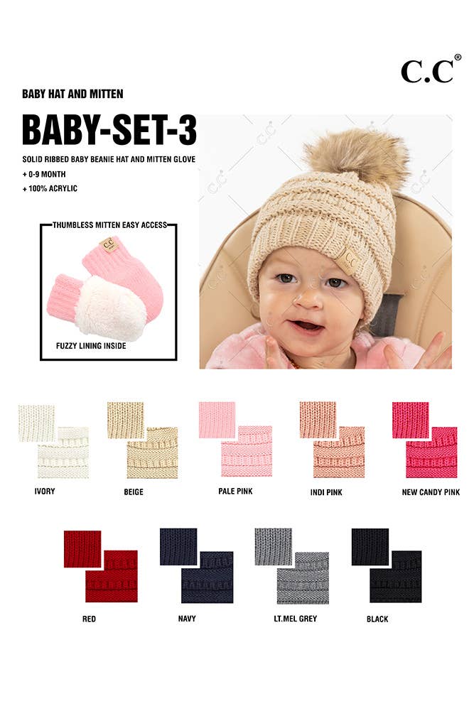 Hana - Wholesale Beanie - Kids - C.C Baby Solid Ribbed Pom Beanie and Mitten Glove10