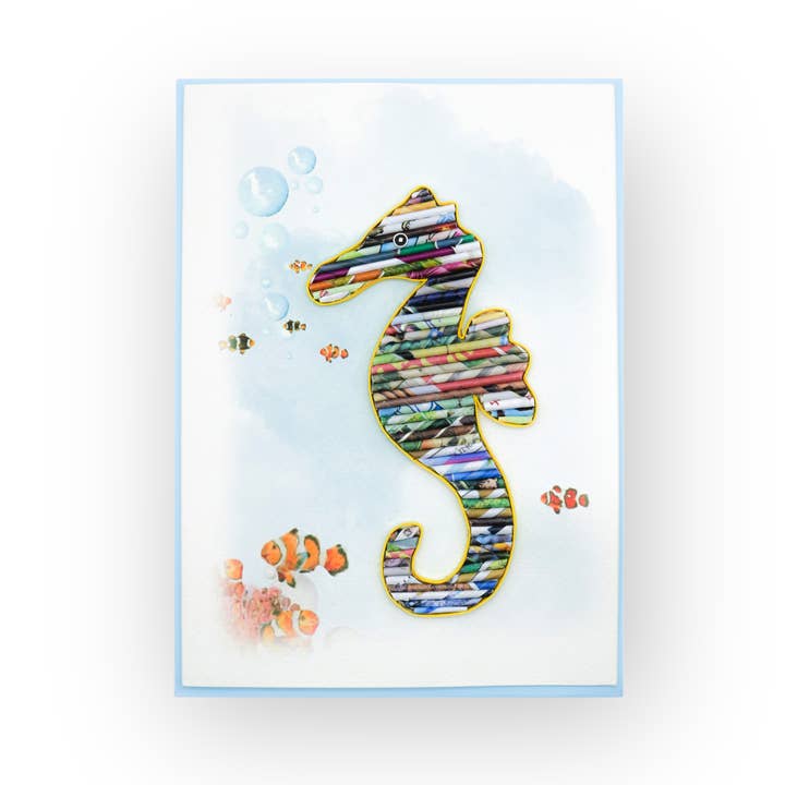 Loving Nature - Wholesale Everyday Greeting Card - Rolled Paper Seahorse Card Handmade from Recycled Magazine