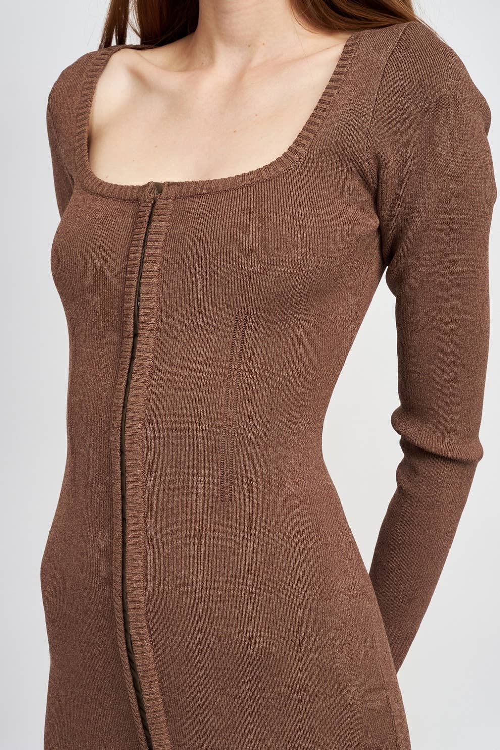 BROWN SQUARE NECK MINI DRESS WITH HOOK AND EYE CLOSURE for wholesale on Faire1