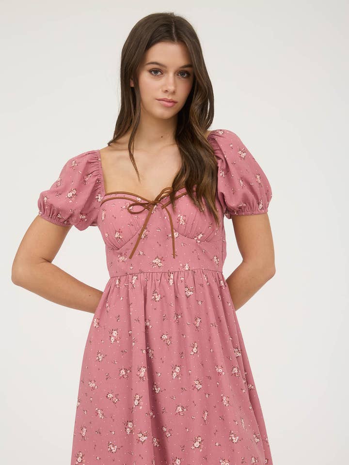 FLORAL SWEETHEART FRONT TIE MINI DRESS for wholesale by Blu Pepper