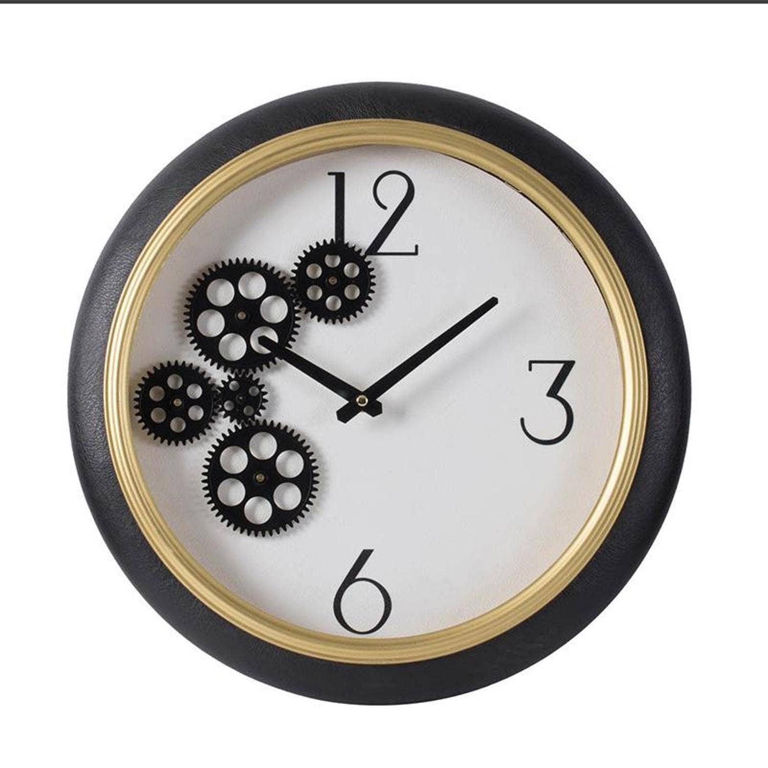 HomeRoots - Wholesale Wall Clock - 16" Black Gold And White Faux Leather And Iron Analog Exposed Gear Round Wall Clock0