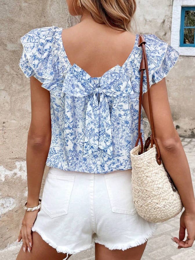 Rosa Clothing - Vente Chemisier – femme - Haut à manches à volants fleuris, encolure carrée et dos à nœud10