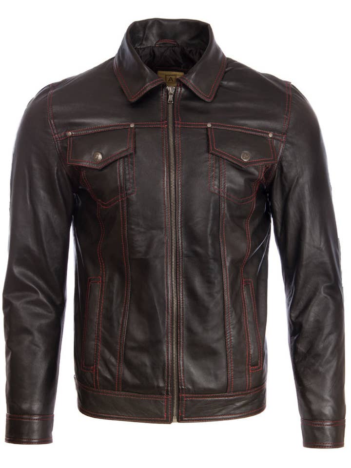 Chaqueta Trucker Harrington AGQ5 para hombre, color negro y rojo para venta al por mayor de Aviatrix