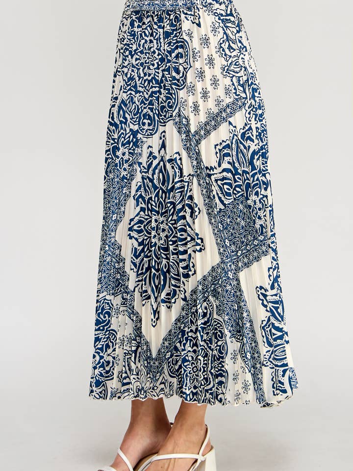 Ellison - Wholesale Skirt - Women's - TS-10222-6 PRINTED PLEATED MIDI SKIRT IVORY/BLUE
