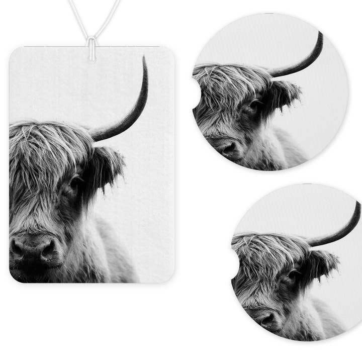 Highland Cow Car Freshener and Coaster Set for wholesale by Texas Petunias Boutique