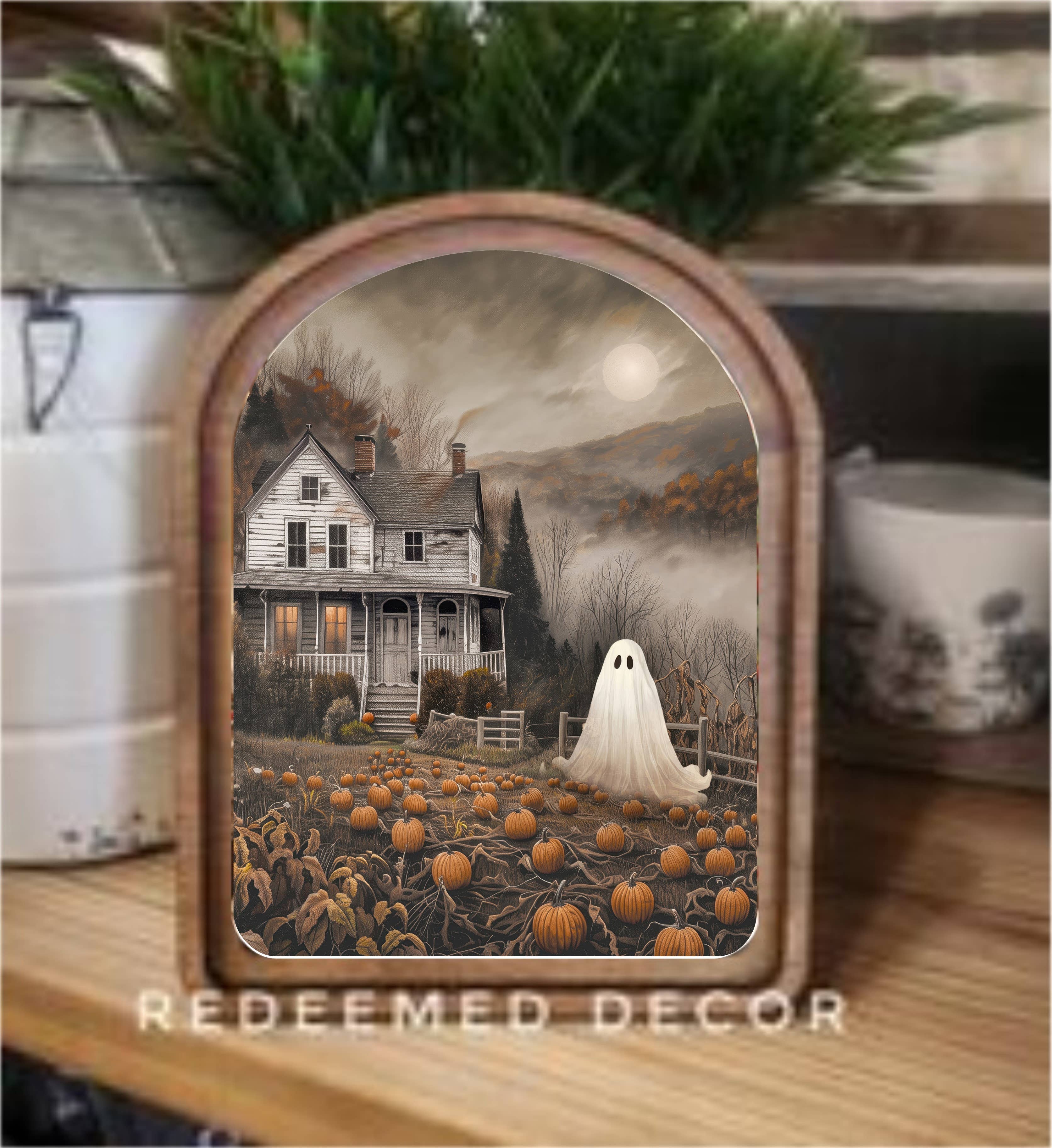 Redeemed Decor - Wholesale Wood Wall Art - Arch Top Moody Ghost House Framed Art