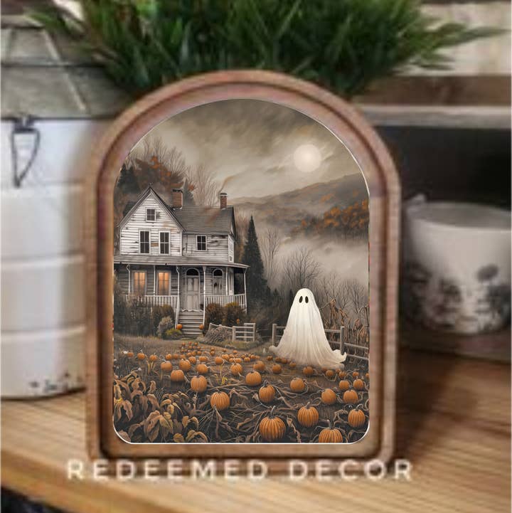 Arch Top Moody Ghost House Framed Art for wholesale by Redeemed Decor