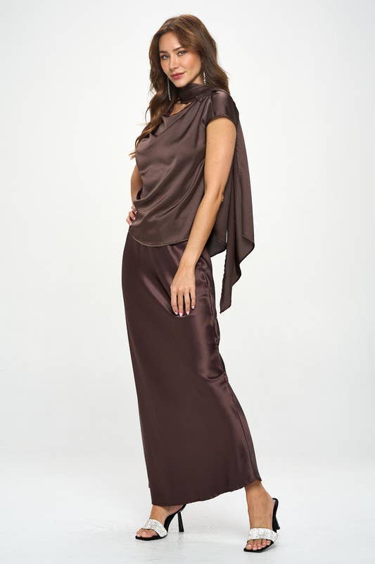 Renee C. - Wholesale Blouse - Women's - Made in USA Satin Cowl Neck Short Sleeve Top with Scarf3