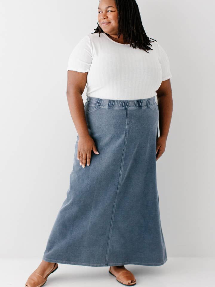 'Caroline' Long Knit Denim Skirt for wholesale by The Main Street Exchange