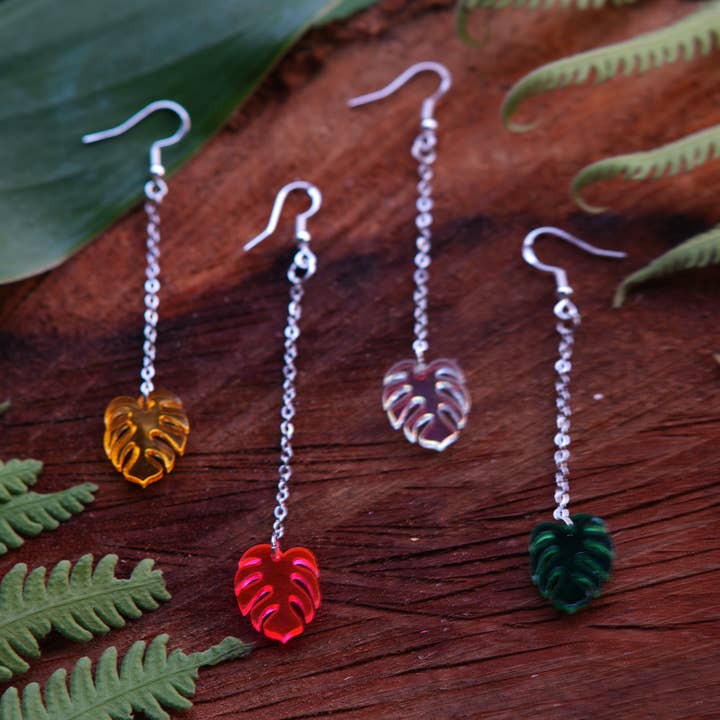 Mini Monstera Drop Earrings - Laser Cut Acrylic Earrring for wholesale by Kaumana Crochet and Crafts