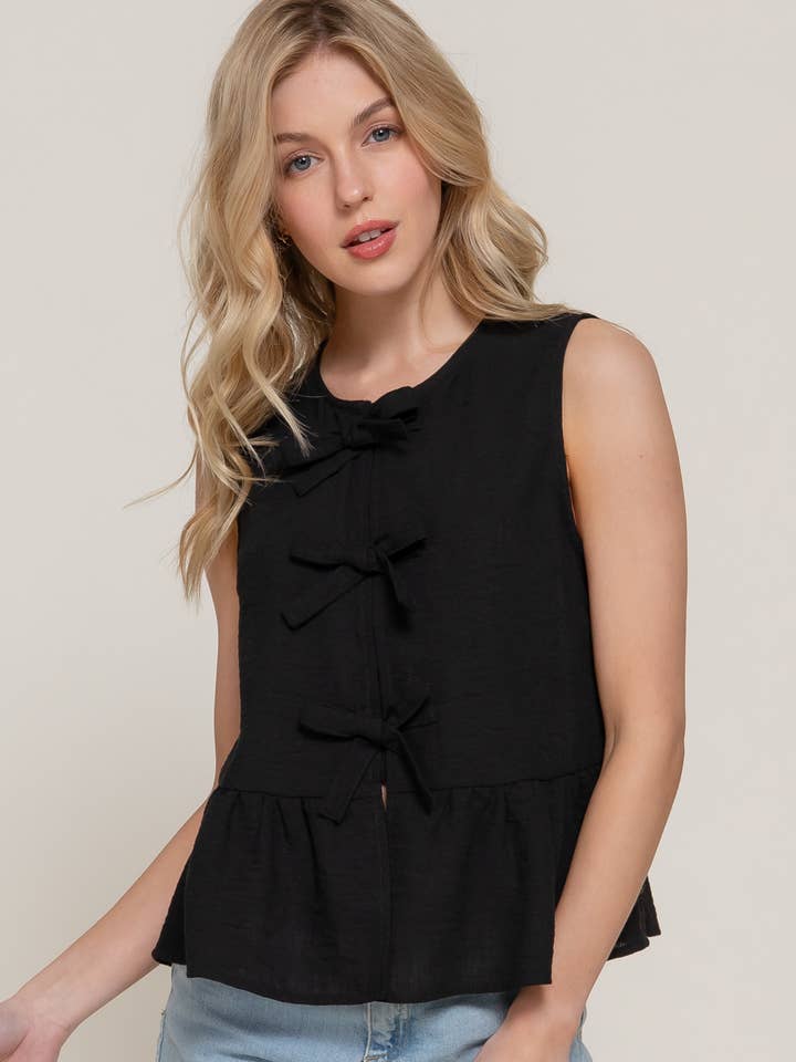 Active Basic | Active USA - Wholesale Tank Top - Women's - Sleeveless Front Bow Tie Linen Effect Top