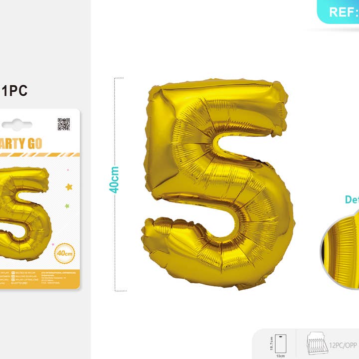 40CM Gouden Nummer 5 Folieballon Pakket 1ST*12PAKKEN voor wholesale door Party Go