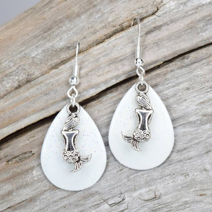 White Sparkle Mermaid Earrings Beach Jewelry Handmade for wholesale by Eye Catching Jewelry