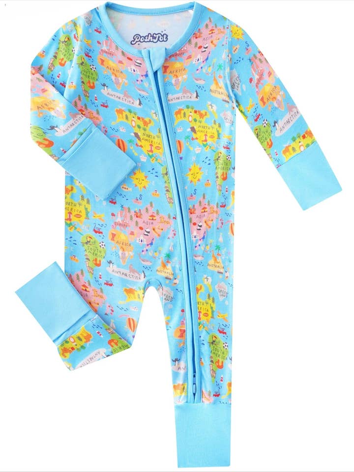 PoshTOT World Map Bamboo Baby Convertible Zippy Romper for wholesale by Charlie's Project Kids