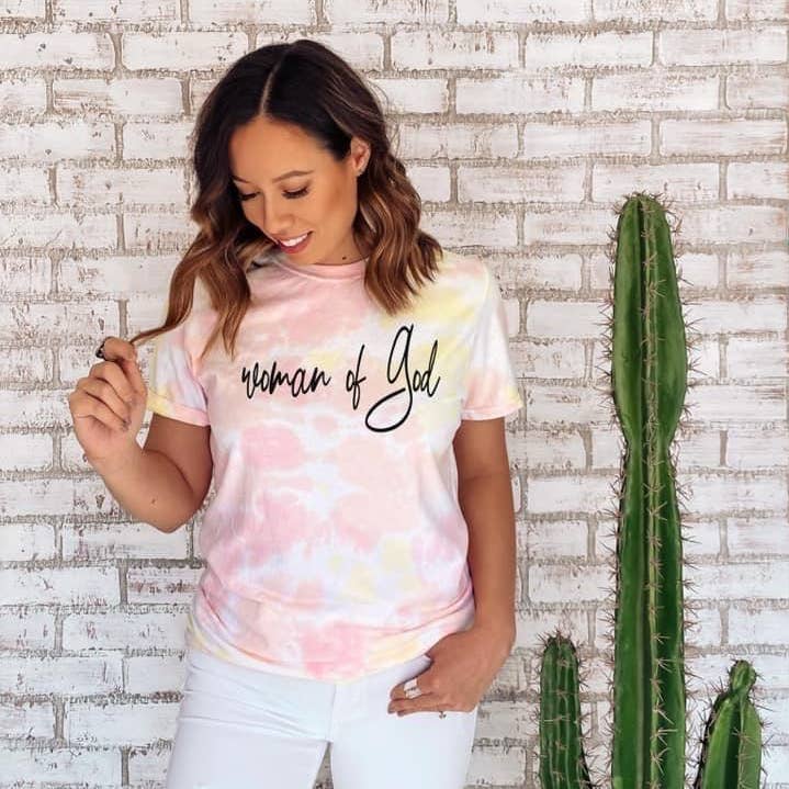 Woman of God Tie Dye Printed Tee for wholesale by Simple Tymes