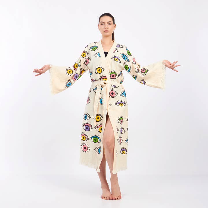 Yaz Concepts - Wholesale Kimono - Dames - Turkse badjas met kleurrijk oogmotief, festival kimono kaftan8