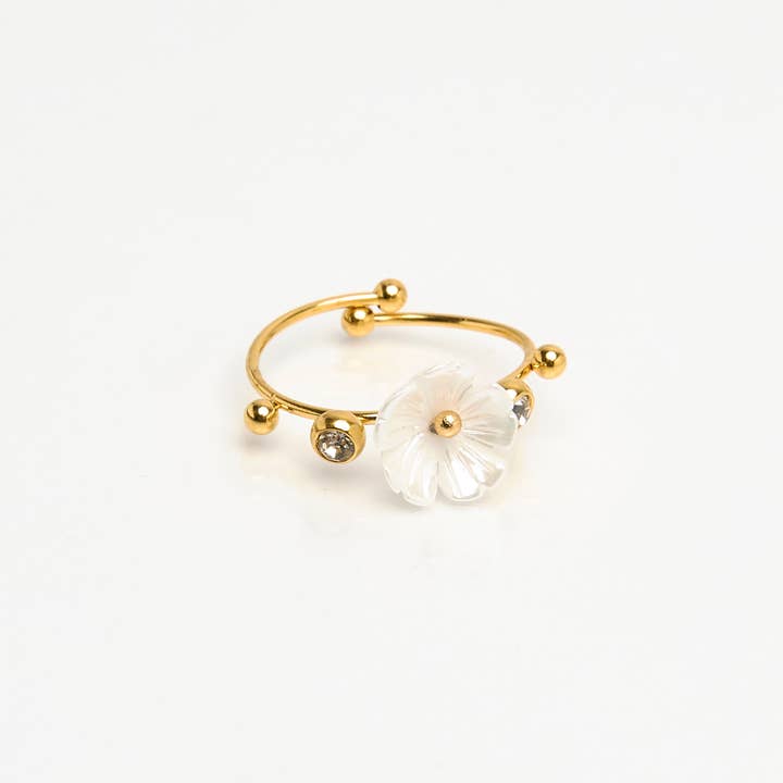 Gold stainless steel rhinestone and white flower ring for wholesale by By Sookay