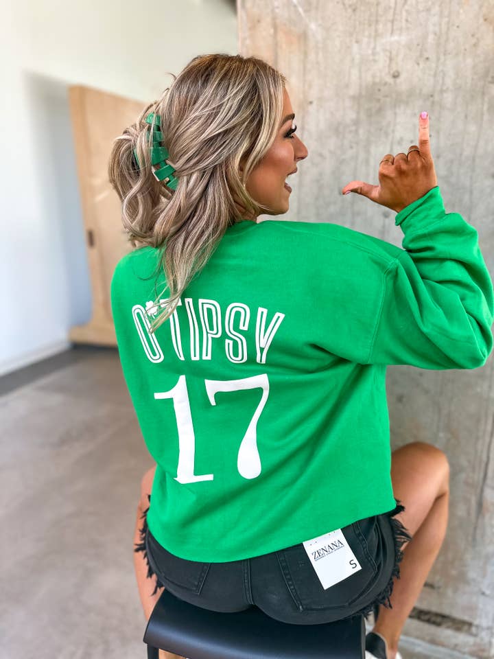 O’Tipsy Green Graphic Cropped Crewneck Sweatshirt for wholesale by birdie