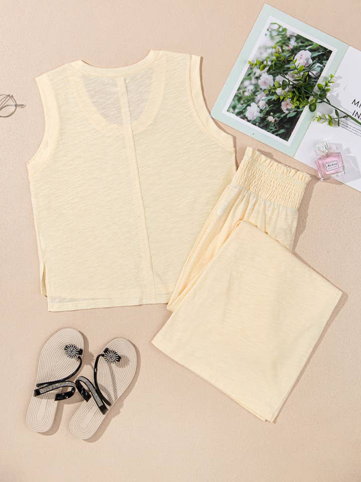 Beige Solid Tank and Smocked Pants Summer Set for wholesale on Faire