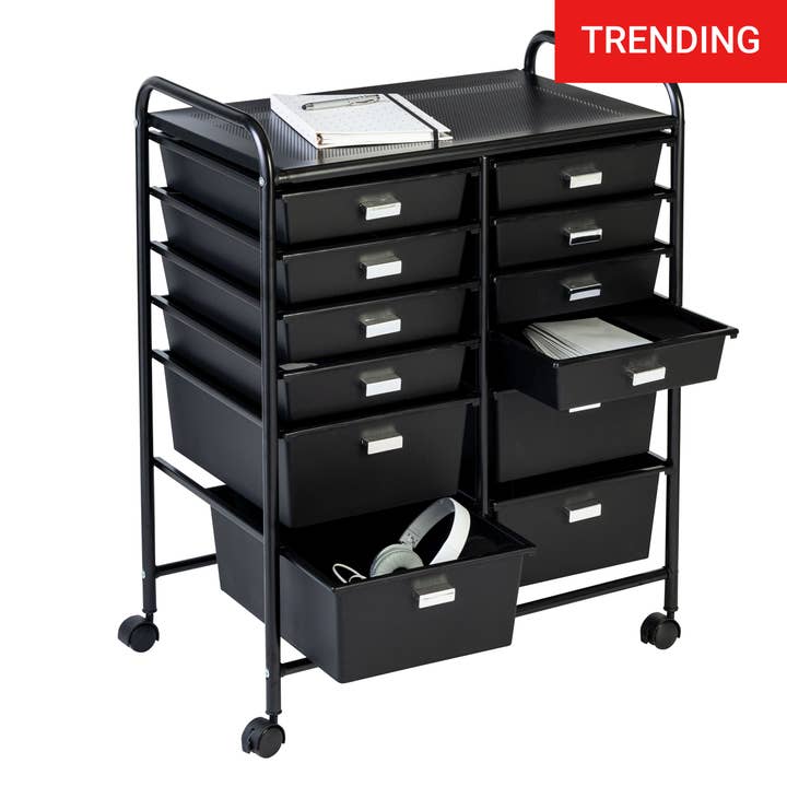Metal Rolling Storage Cart with 12 Plastic Drawers, Black for wholesale by Honey-Can-Do