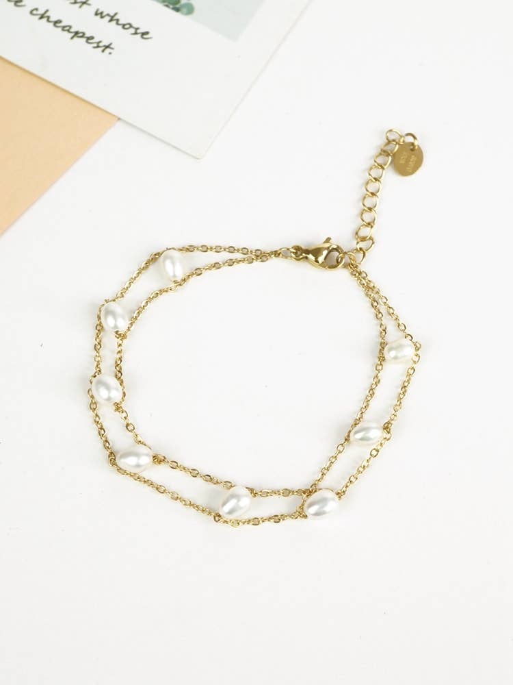 gold Stainless Steel Bracelet With Double Chains And Pearls for wholesale on Faire1