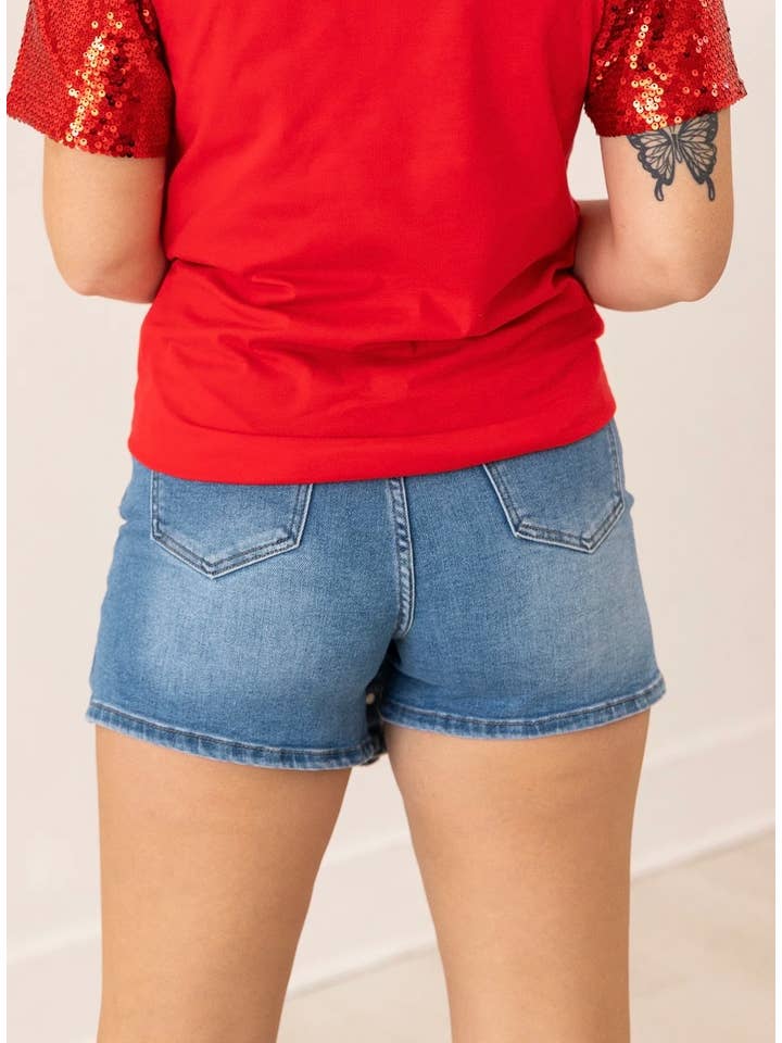 Blue The Lacey Mid-Wash Denim Skort for wholesale on Faire5