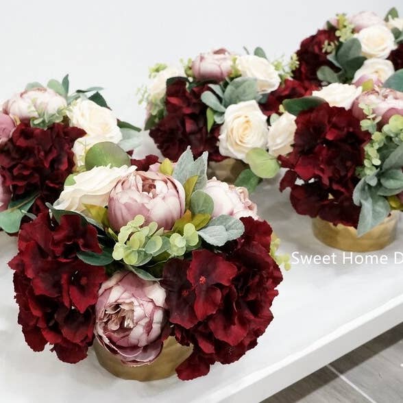 Sweet Home Deco – wholesale Artificial flowers – 18" Super Soft Silk Hydrangea Artificial Flower BushBurgundy2