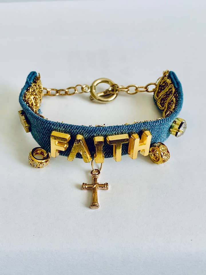 Faith Denim Bracelet with Charms and Beads–Boho Chic Jewelry for wholesale by GARELL