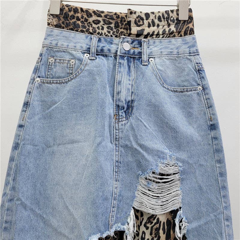 Sanyao Fashion – wholesale Skirt – Women’s – M212 Leopard Patchwork Denim Skirt with Frayed Hem3