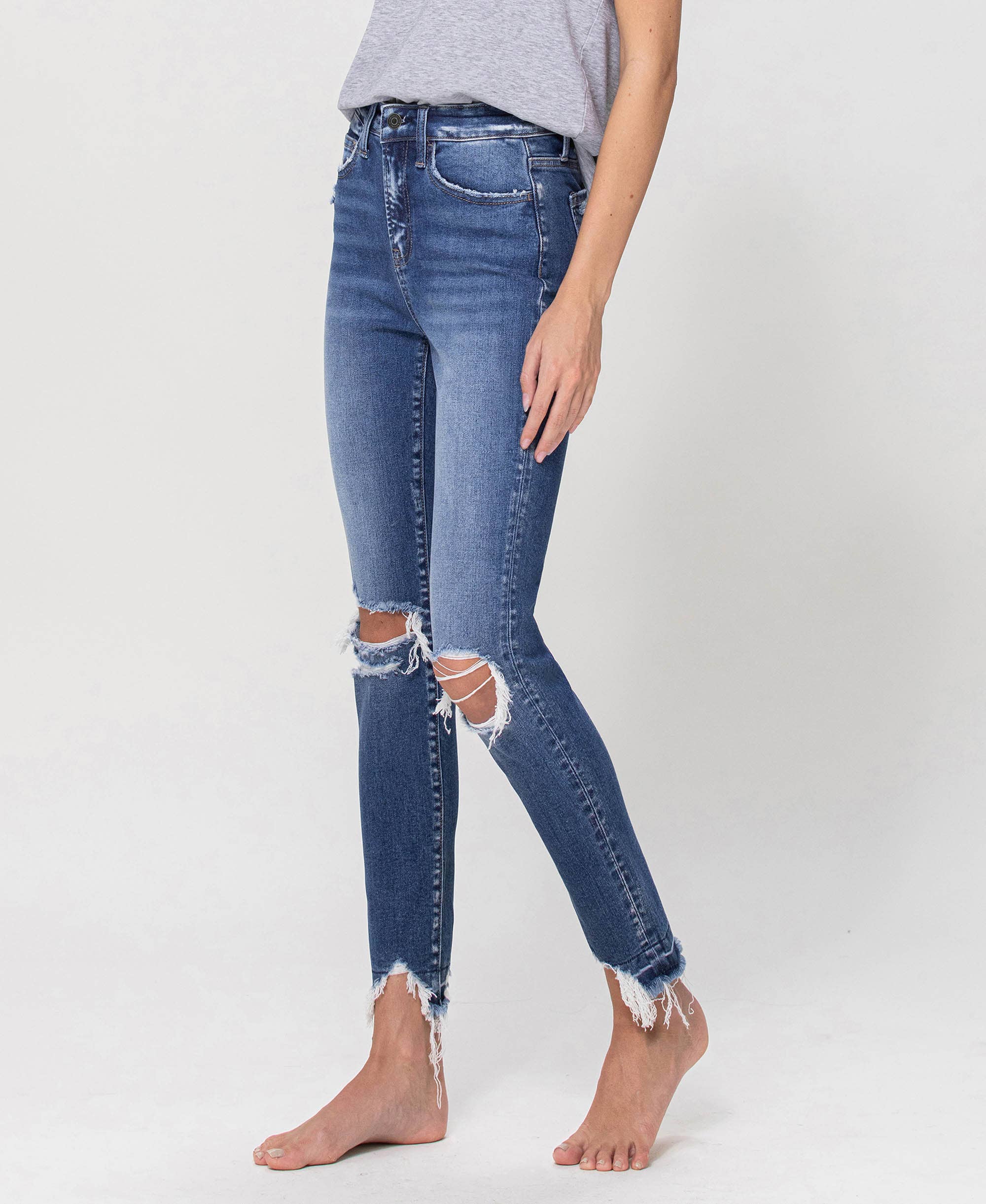 ROMANTIC CHILD HIGH RISE DISTRESSED ANKLE SKINNY JEANS F4422 for wholesale on Faire3