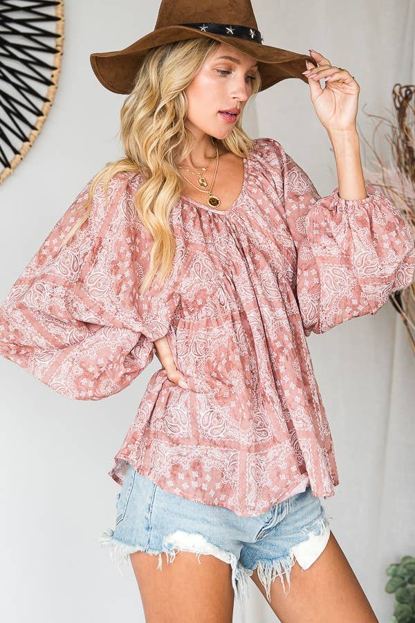 BUCKETLIST OUTLET - Wholesale Blouse - Women's - T1190F OUTLET SALE Bandana Puff Sleeve Flowy Babydoll Top6