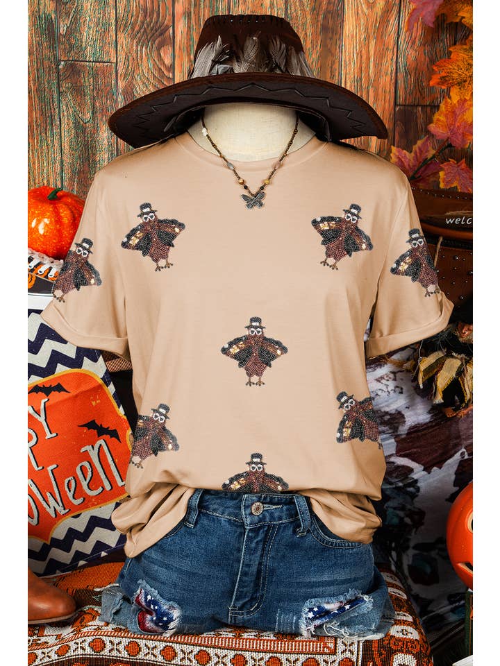 As shown Sequin Turkey Patched Crewneck Thanksgiving T Shirt*S-3XL for wholesale on Faire