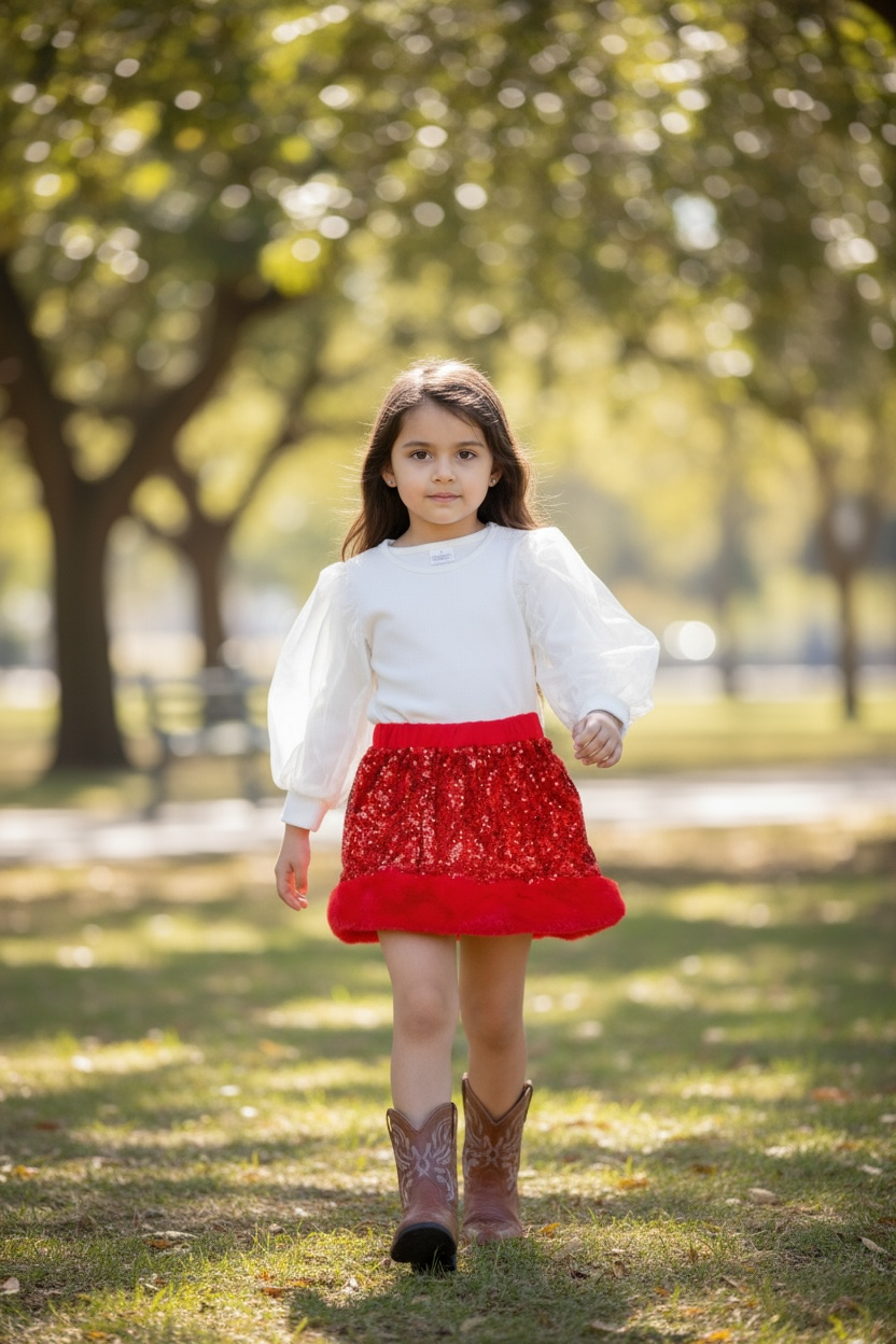 Kids Charm Online - Wholesale Skirt - Kids - Red sequins skirt with faux fur trim. DRG53536 SOL2