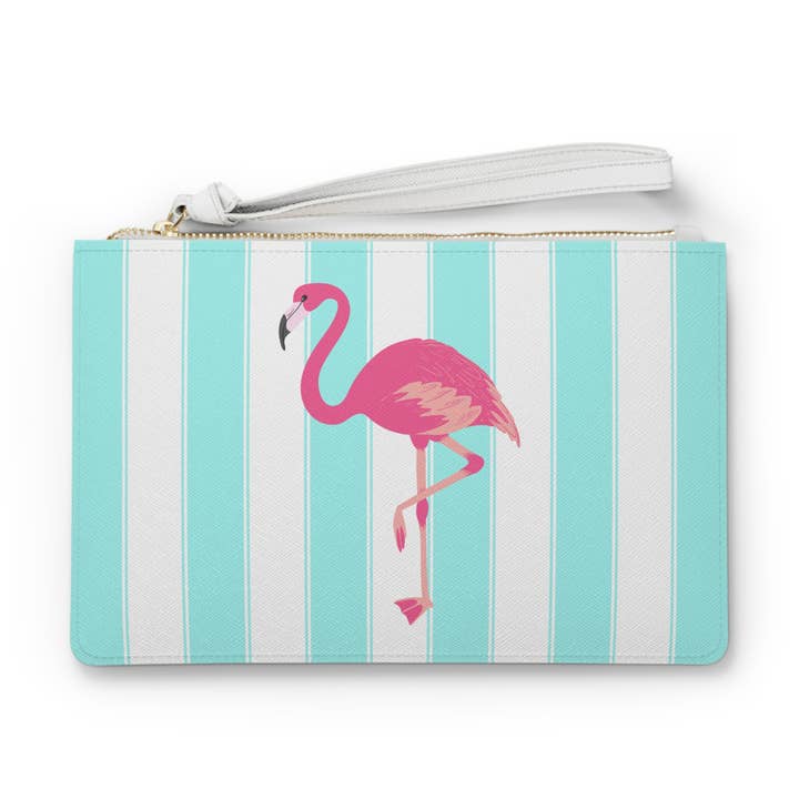 Pochette à rayures cabana flamant rose, pochette en cuir végétalien pour la vente par Lyn Roma