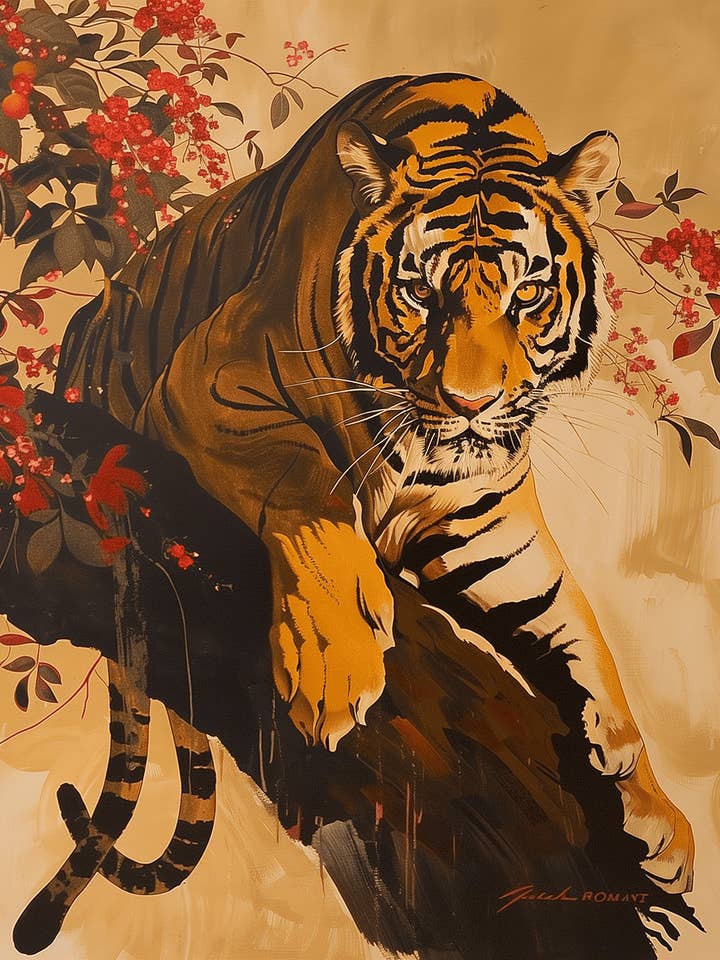 Tijger die Japanse Schilderkunst Besluipt - Dierenrijk Muurkunst Prints, van Schattig tot Majestueus – 20x25 cm Kunstwerk voor 28x36 cm Lijst voor wholesale door Mowbi