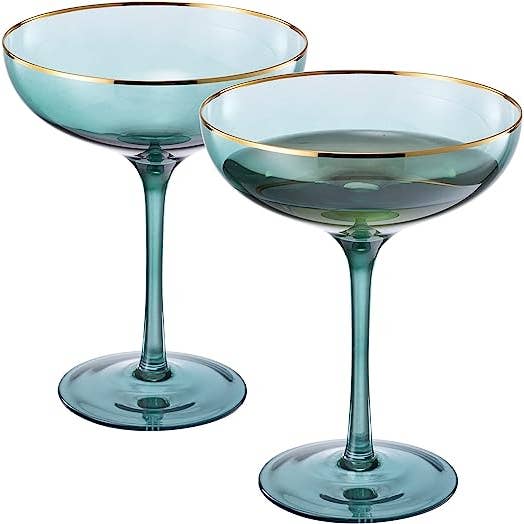 The Wine Savant / Khen Glassware - Venta al por mayor Copas de vino - Copa de vino con borde verde y dorado, grande, 9 onzas (cupé)