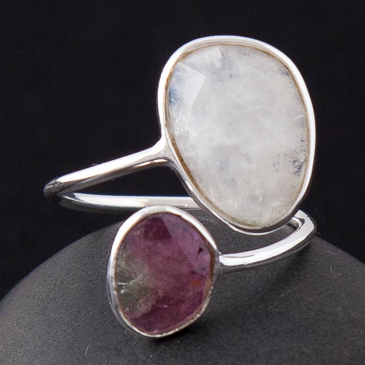 Baizaar - Venta al por mayor Anillos grandes/de cóctel - Anillo de plata de ley con piedra lunar y turmalina0