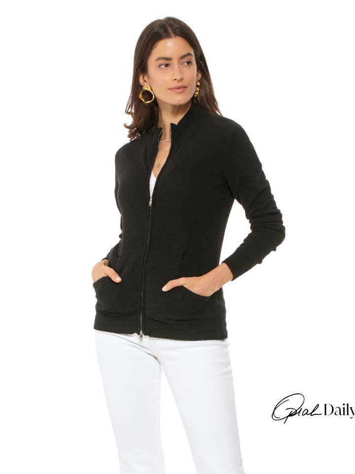 Oprah Daily - Women's Pure Cashmere Zip Cardigan Black for wholesale on Faire