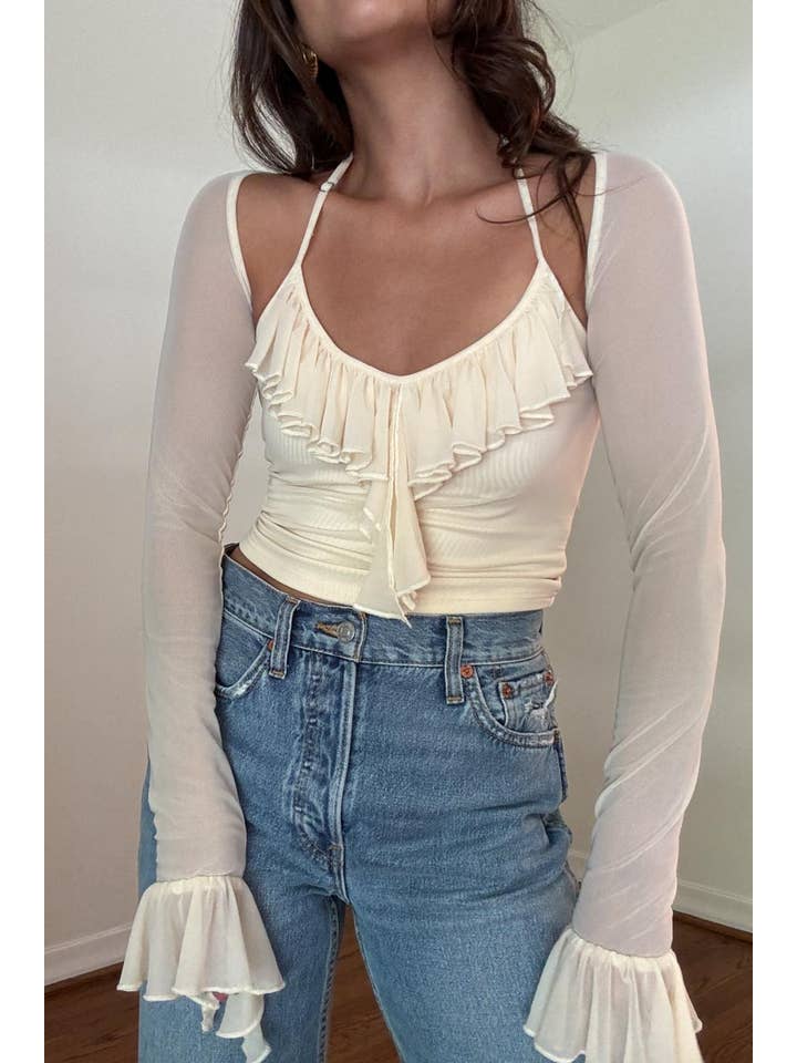 Salty - Wholesale Blouse - Women's - RUFFLE TRIM LONG SLEEVE CROP TOP21