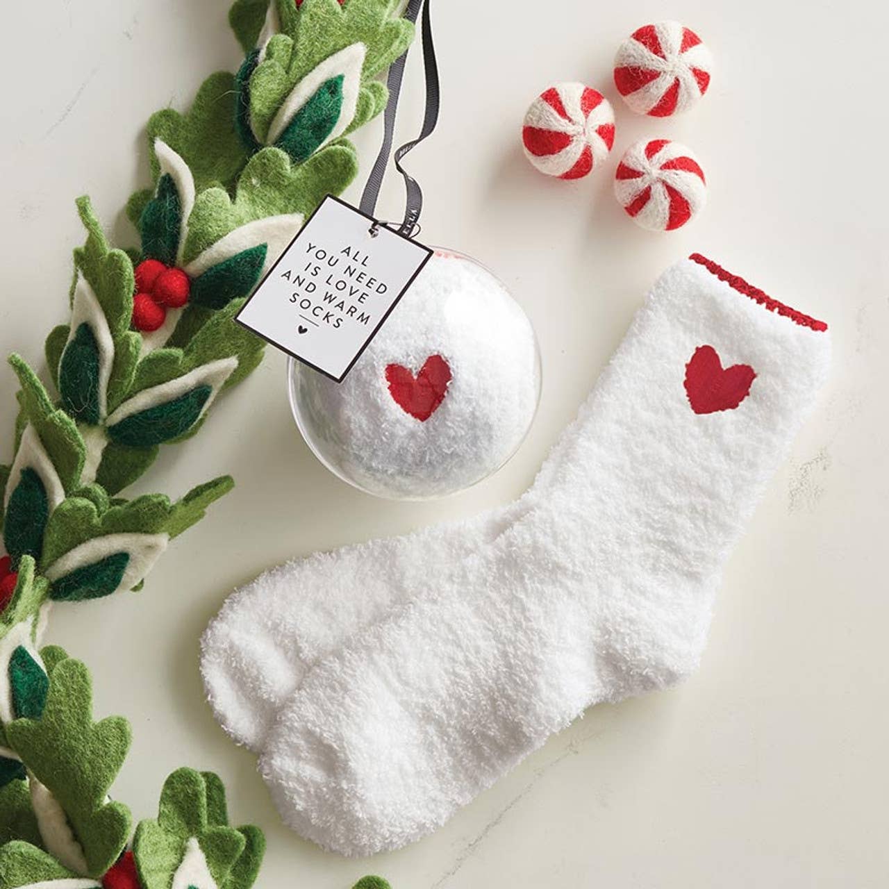 Bella Sleep + Spa - Wholesale Ornament - Cozy Socks in Ornament - Red with White Heart2