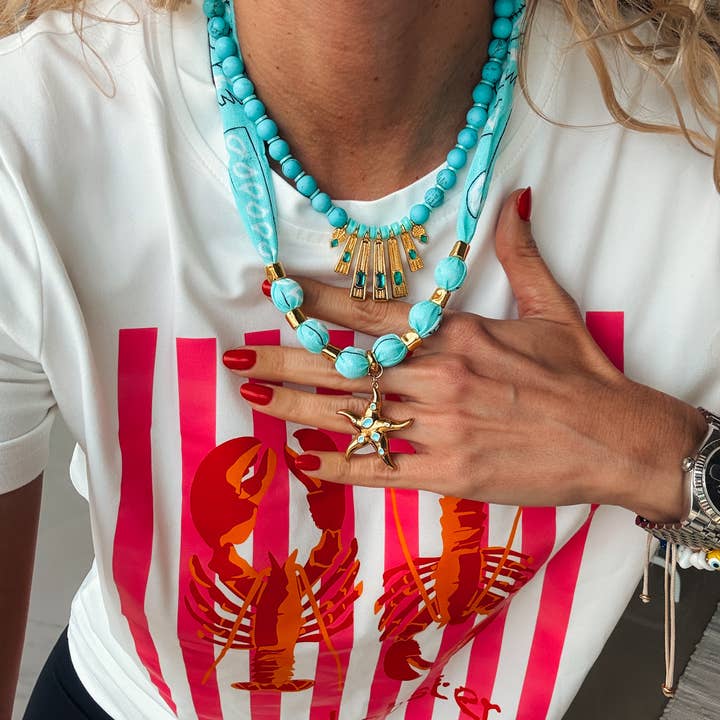 Goupi - Wholesale Beaded/Pearl Necklace - Aqua & Gold Layered Necklaces – Scarf necklace & Starfish