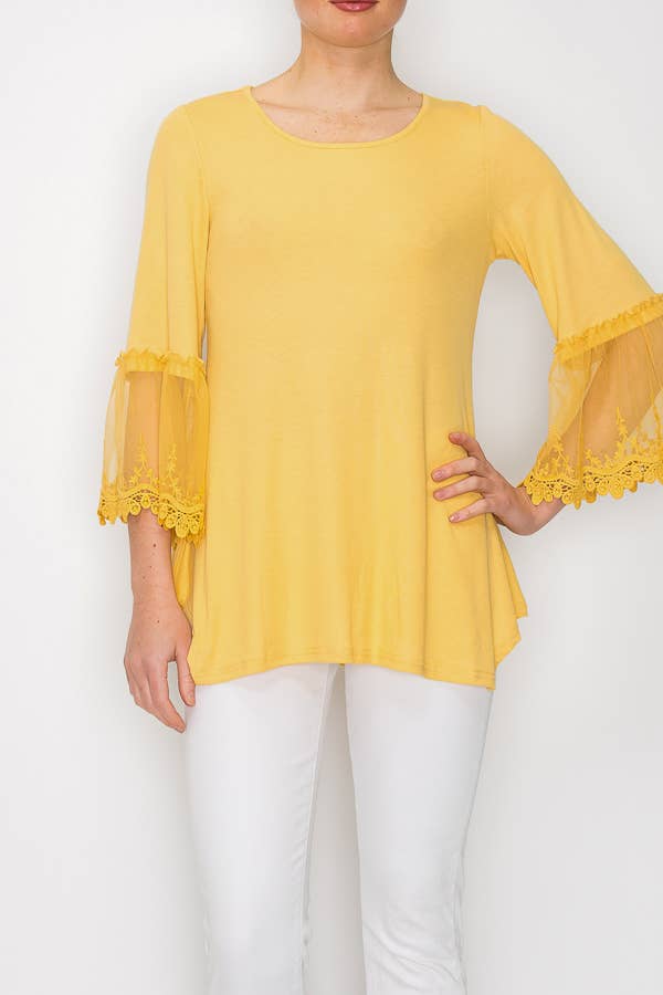 Origami Apparel ~  Lace and Crochet inspired - Venta al por mayor Túnica - Mujer - TOP TÚNICA CON ADORNOS DE ENCAJE EN LAS MANGAS-4480MOSTAZA3